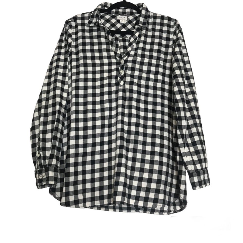 J. Crew Gingham Plaid V-Neck Long Sleeve Tunic Shirt Womens Sz M Preppy Grunge